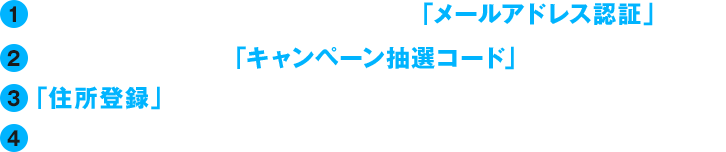 1. プレゼント応募フォームのページで「メールアドレス認証」を行う　2. 店舗で受け取った「キャンペーン抽選コード」を登録する　3. 「住所登録」を完了する　4. 希望の賞品を選択してプレゼントに応募する