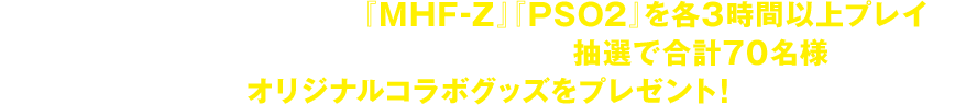 期間中に公認ネットカフェで『MHF-Z』『PSO2』を各3時間以上プレイし、特設サイトよりご応募いただいた方の中から抽選で合計70名様に、ネットカフェ限定のオリジナルコラボグッズをプレゼント！